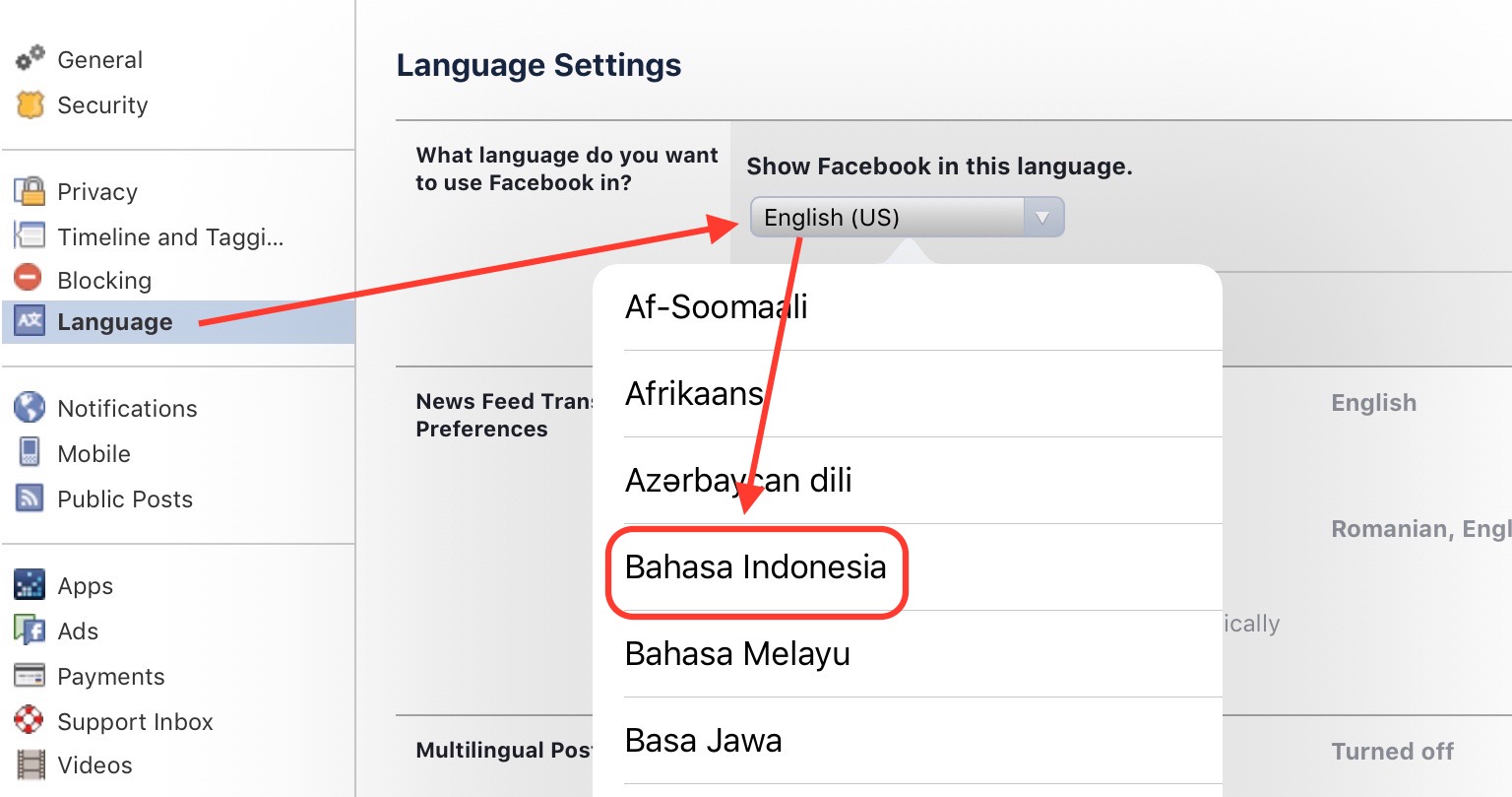 Facebook-kieli
