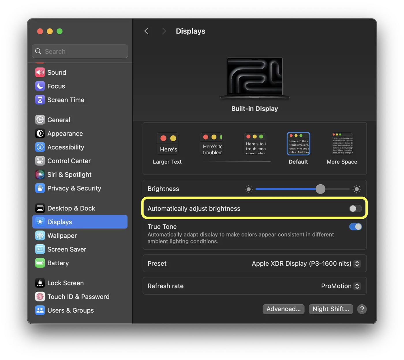 Disable Automatically adjust brightness on MacBook