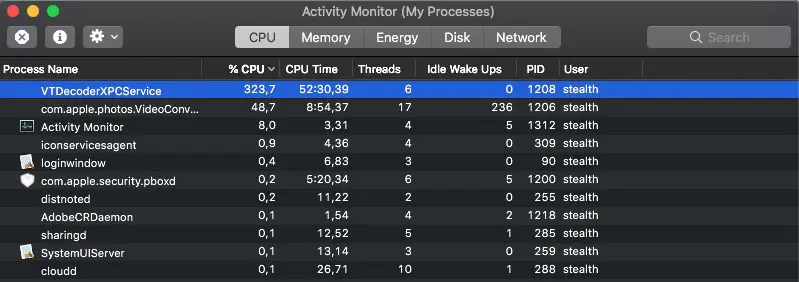 VTDecoderXPCService - Utilizare ridicată de resurse CPU și memorie pe Mac