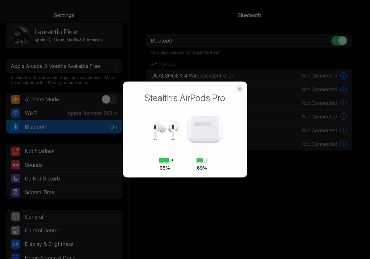 iPad pokazać AirPods Battery poziom