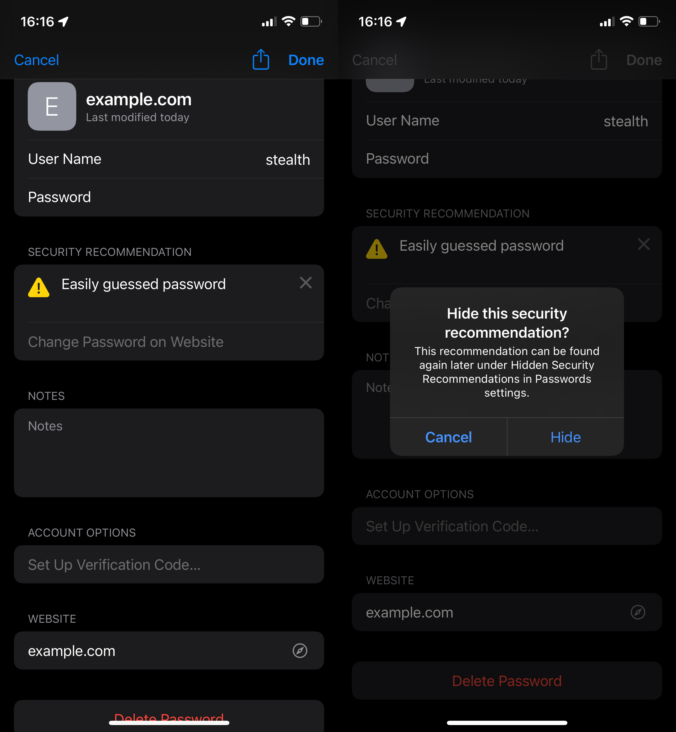 iCloud Keychain Notes si Hide Security Recommendations 