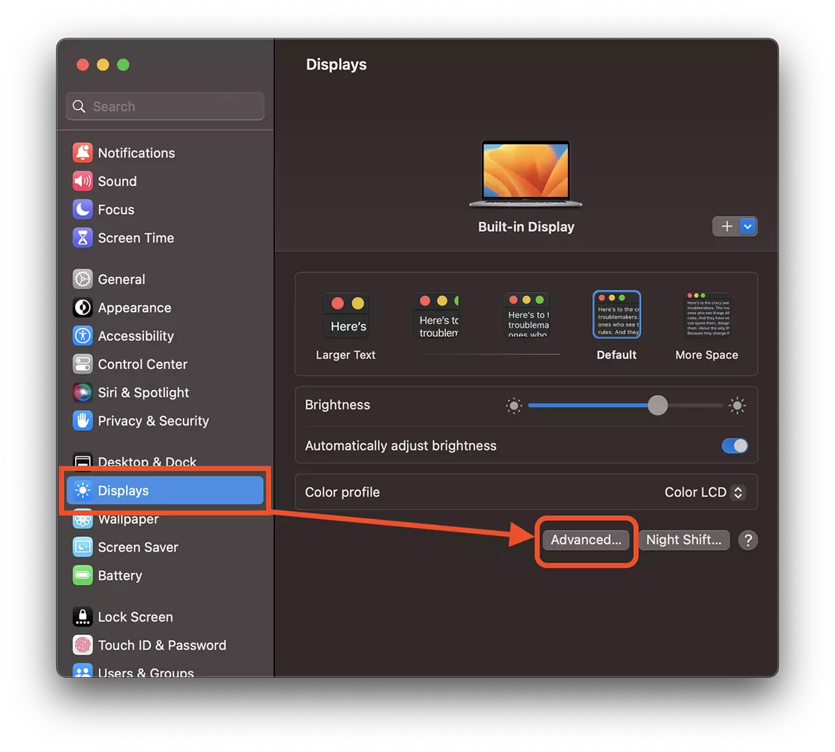 Display MacBook उन्नत Settings