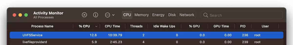 그것은 무엇인가 UVFSService 큰 CPU 리소스를 사용하는 이유
