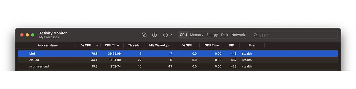 प्रक्रिया bird Mac पर उच्च CPU संसाधनों का उपयोग करता है