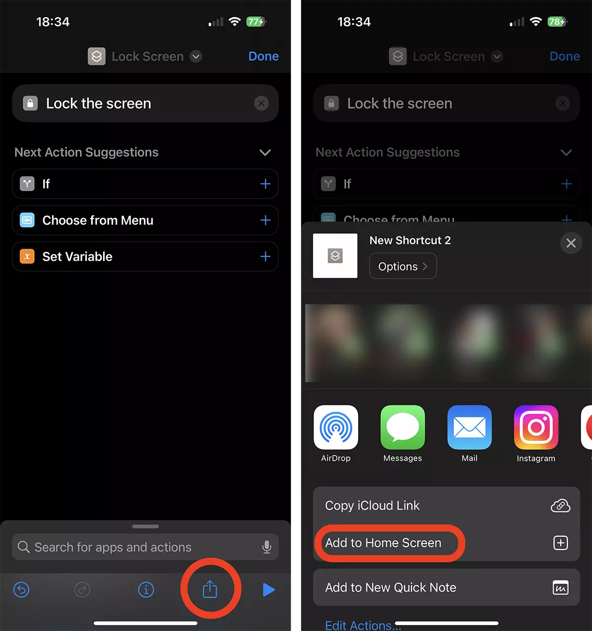 ajouter shortcut pour verrouiller l'iPhone Home Screen