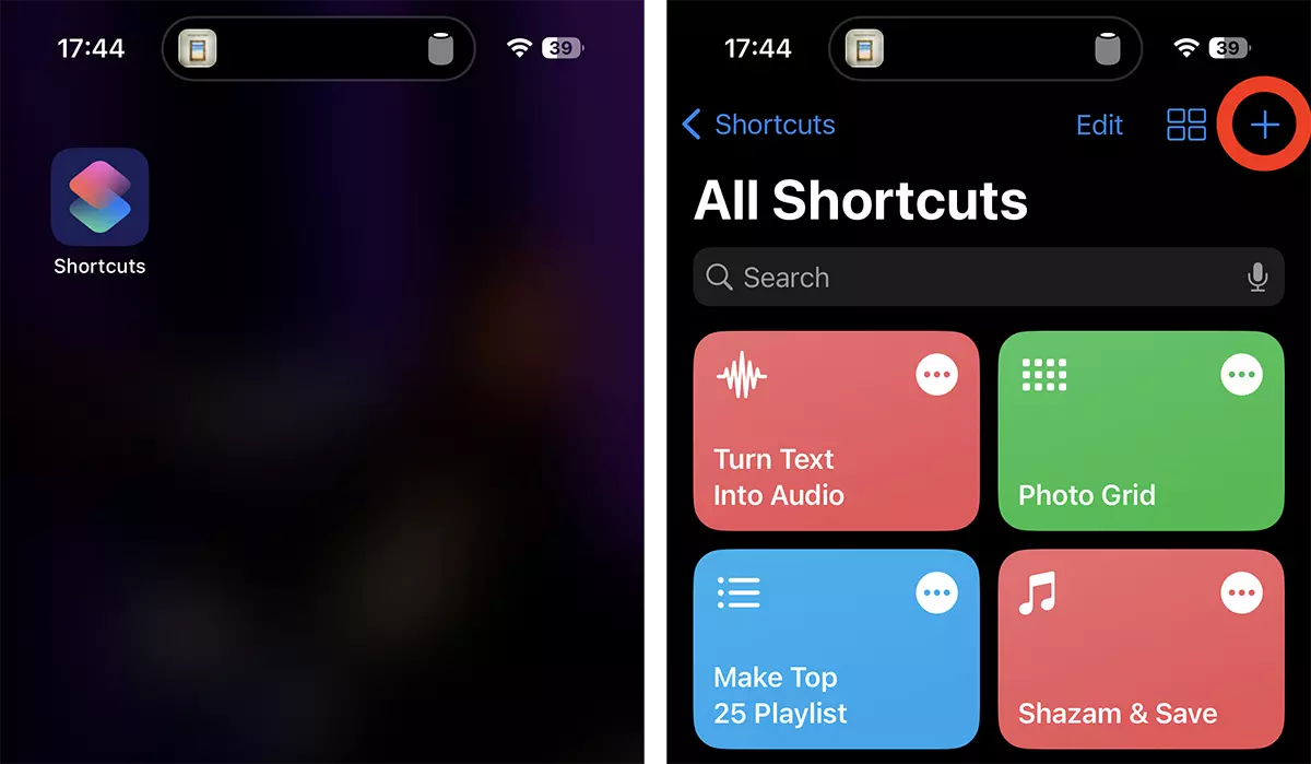 adicionar Novo Shortcut on iOS