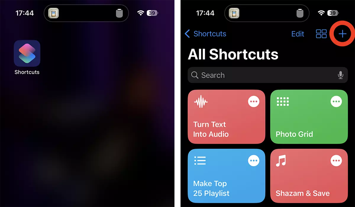 dodaj nowy Shortcut na iOS