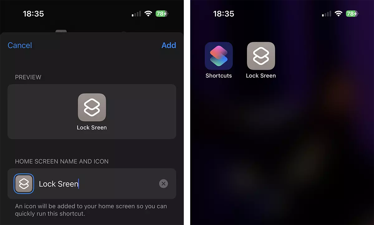 Lock Screen Shortcut in Home Screen