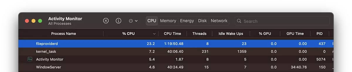fileproviderd utilise beaucoup de ressources CPU