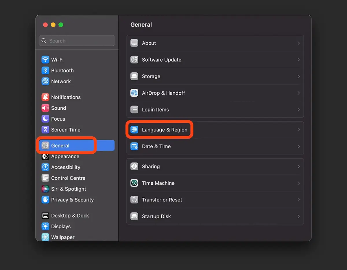 言語と地域 Settings in macOS