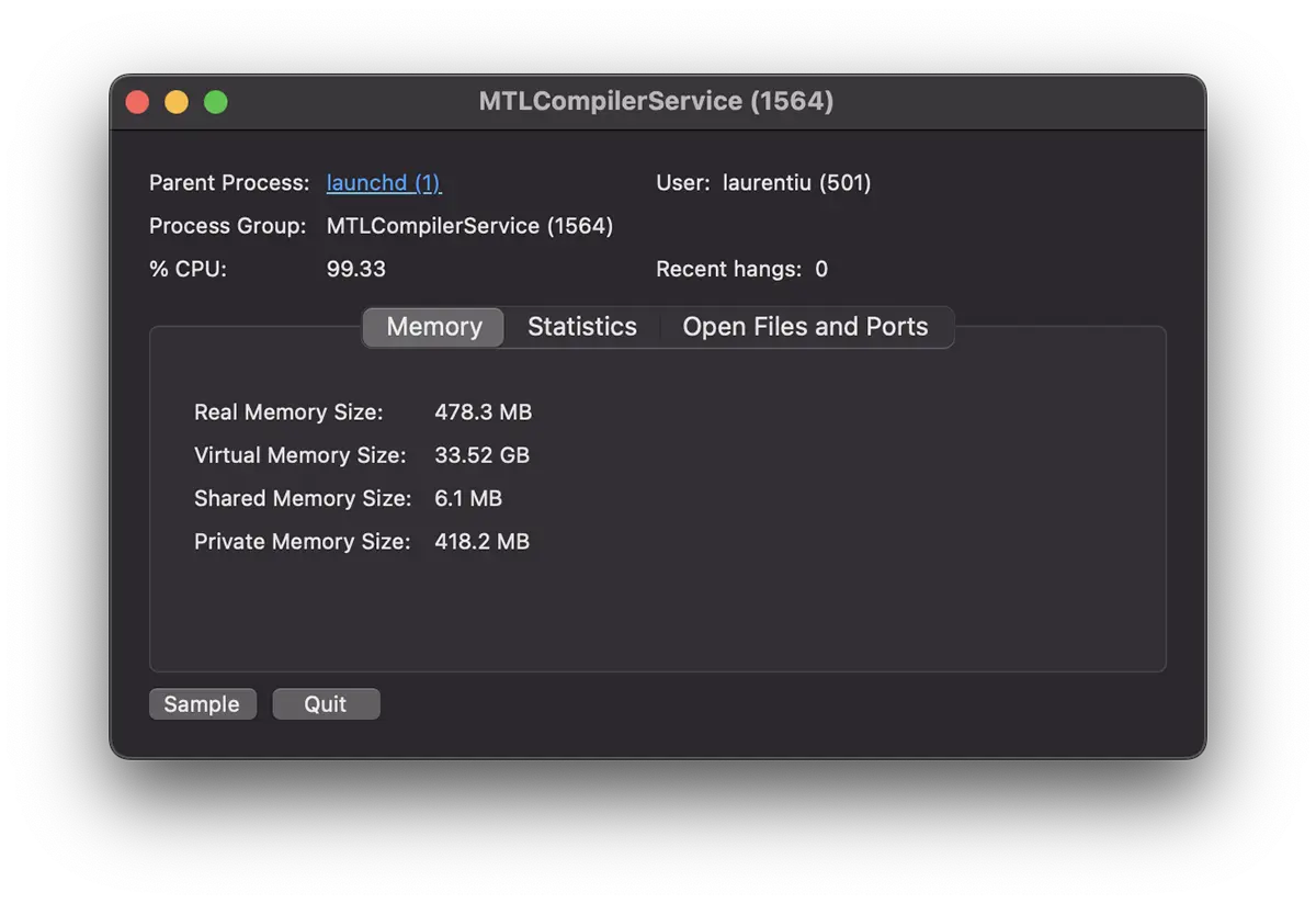 MTLCompilerService يستخدم موارد كبيرة من وحدة المعالجة المركزية
