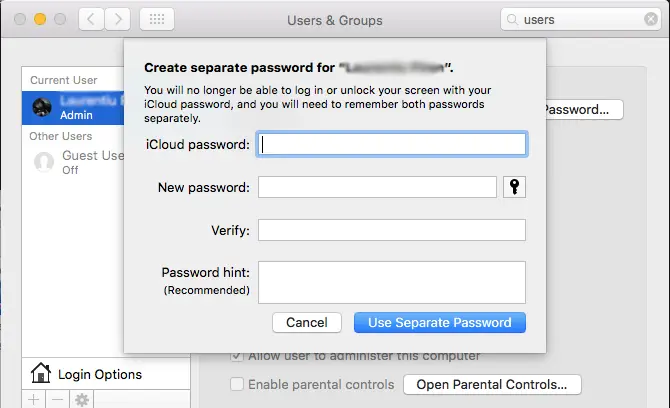 Kullanıcı için, aşağıdakilerden farklı bir şifreyi nasıl ayarlayabilirsiniz iCloud OS X'te?